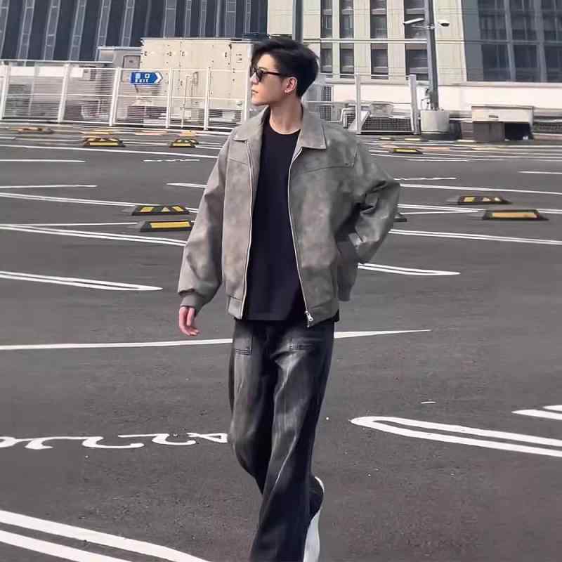 レザージャケット メンズ 男性用 グレー グレー 短丈 ショート丈 アウター 復古 レトロ ライダースジャケット バイカー バイク 春秋 ポリエステル