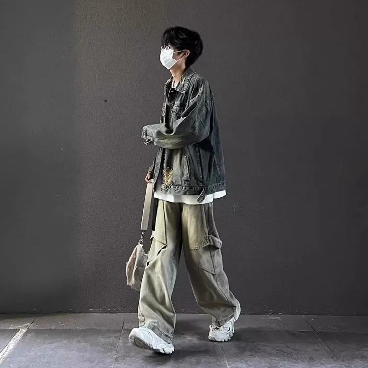 ジャケット メンズ デニム ダメージ加工 ゆったり 春秋 薄手 レトロ ブルゾン Gジャン アウター カジュアル ストリート ブラック ブルー