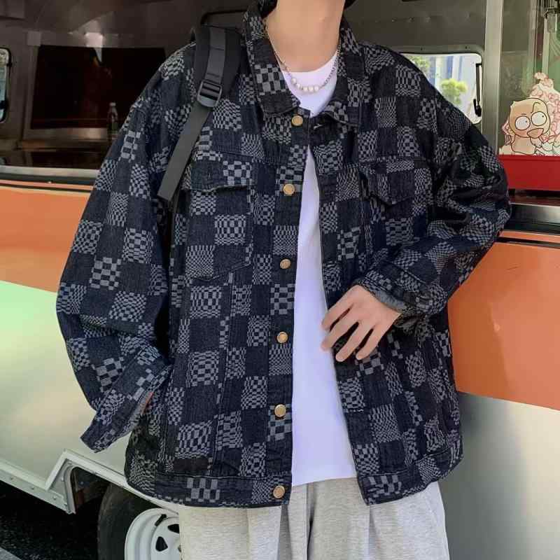 ジャケット メンズ 男性用 ブルゾン Gジャン デニム 格子柄 チェック柄 港風 レトロ 長袖 薄手 ゆったり ルーズフィット 羽織り 秋