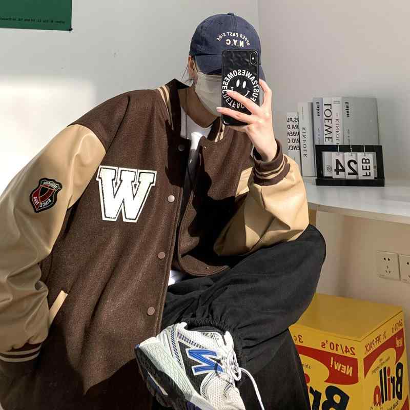 ジャケット 男性用 PUレザー 切り替え ブルゾン スタジアムジャンパー 秋冬 カジュアル ストリート ブラック コーヒー色