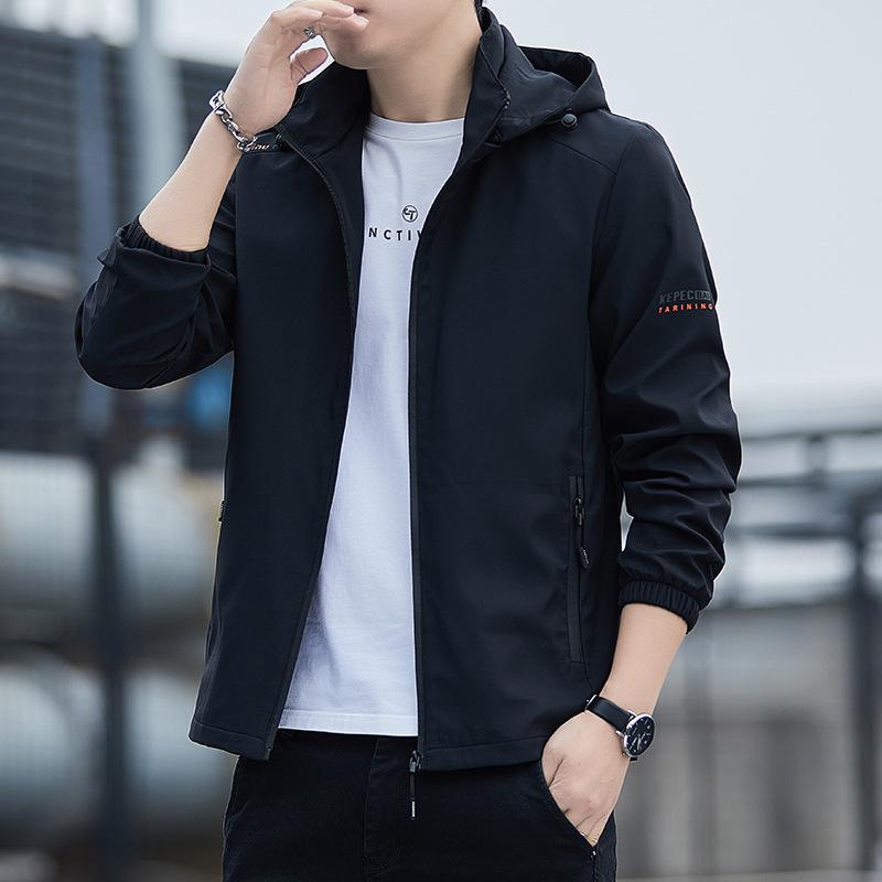 Wear - ジャケット メンズ ブルゾン 春秋 ワーク ウェア フード付き 若者 アウター 長袖 無地 黒 青 グレー