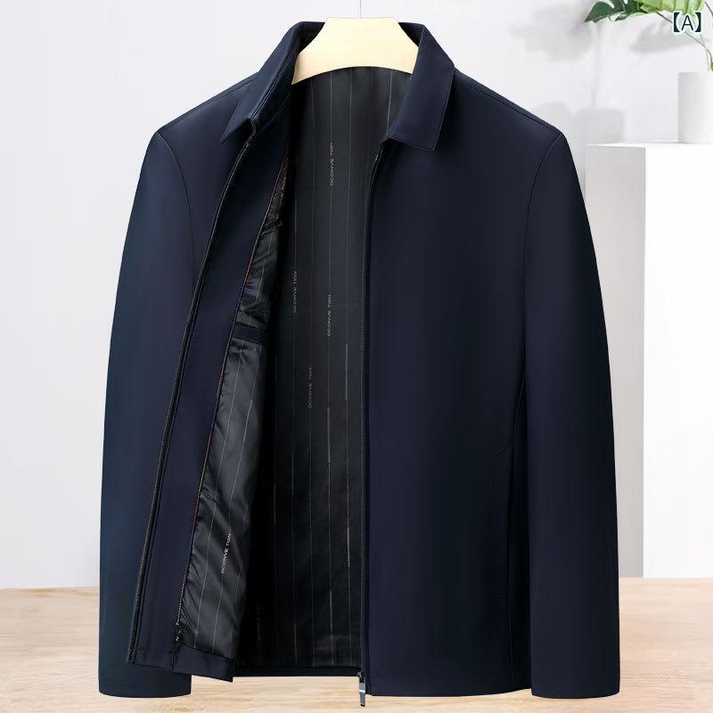 ジャケット 男性用 紳士服 ブルゾン ミドルエイジ シニア ビジネス カジュアル ラペル 襟付き 無地 多ポケット ポリエステル 耐摩耗性 ルーズフィット ネイビー ブラック カーキ 2