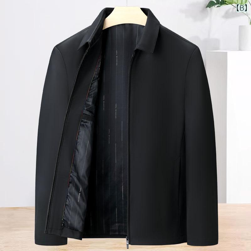 ジャケット 男性用 紳士服 ブルゾン ミドルエイジ シニア ビジネス カジュアル ラペル 襟付き 無地 多ポケット ポリエステル 耐摩耗性 ルーズフィット ネイビー ブラック カーキ 3