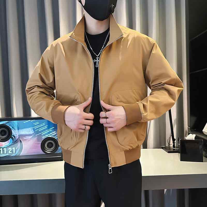 ジャケット メンズ 春秋 スリム 無地 ポリエステル 普段使い アウター 長袖 ファスナー 白 黒 茶色