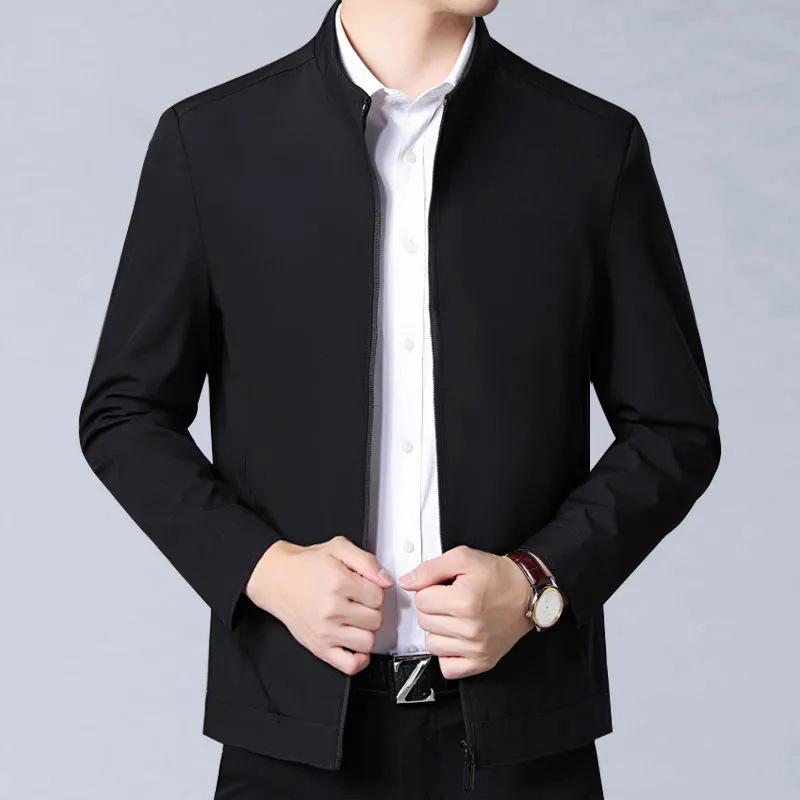 ジャケット 男性用 紳士服 アウター ビジネスカジュアル スタンドカラー ポリエステル 薄手 無地 ブラック 紺色 ダークグリーン M L XL XXL 3XL 4XL 春秋