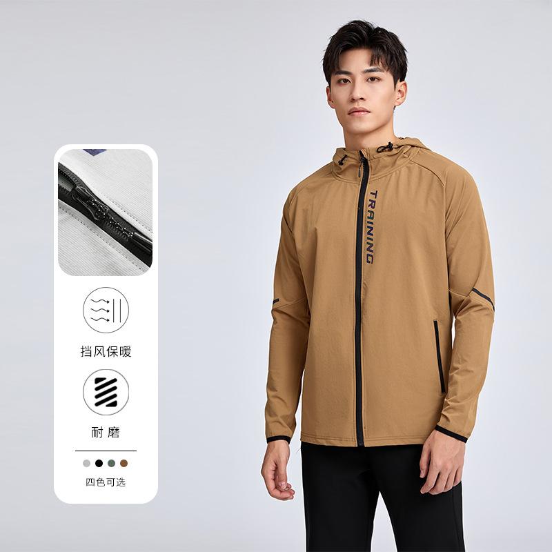 ジャケット 男性用 秋冬 撥水 防風 フード付き 長袖 フルジップ スポーツ ランニング ウェア スリム ブラック グレー グリーン ブラウン(x2)