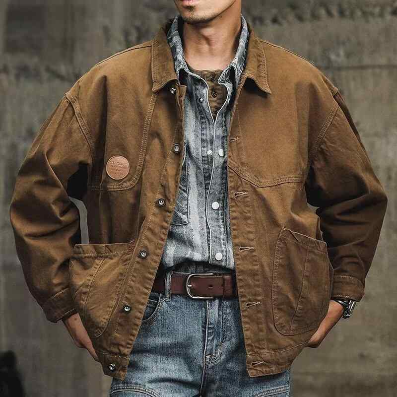ジャケット メンズ 春秋 ブルゾン アウター ワークウェアスタイル ルーズフィット コットンブレンド デニム 襟付き 長袖 無地 普段使い 棕色 黒
