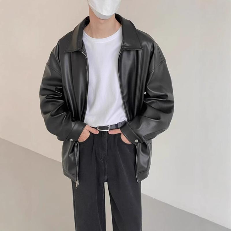 レザージャケット メンズ 男性用 ブルゾン 秋冬 PUレザー 襟付き 無地 ジップアップ カジュアル ゆったり ブラック