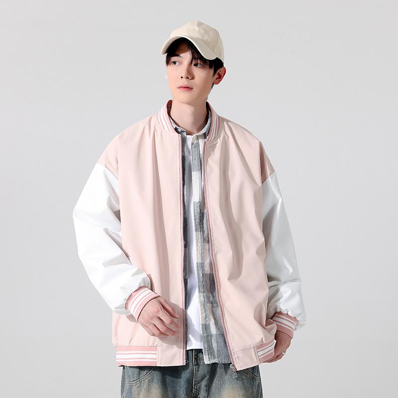 ジャケット 男性用 アウトドア ブルゾン 韓国 カジュアル 野球服 ポリエステル 混紡 耐摩耗 ブラック ホワイト ピンク系(x2)