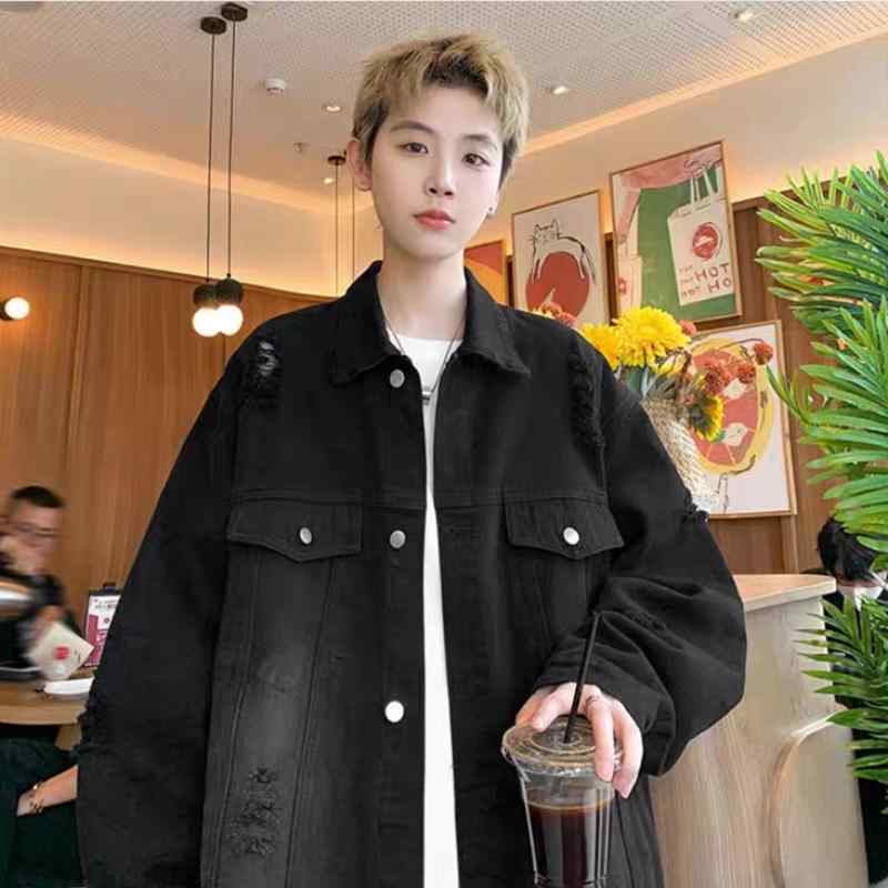 ジャケット メンズ 男性用 デニム ウォッシュ加工 ダメージ加工 ゆったり 春秋 韓国スタイル カジュアル ブラック 黒 ブルー 青