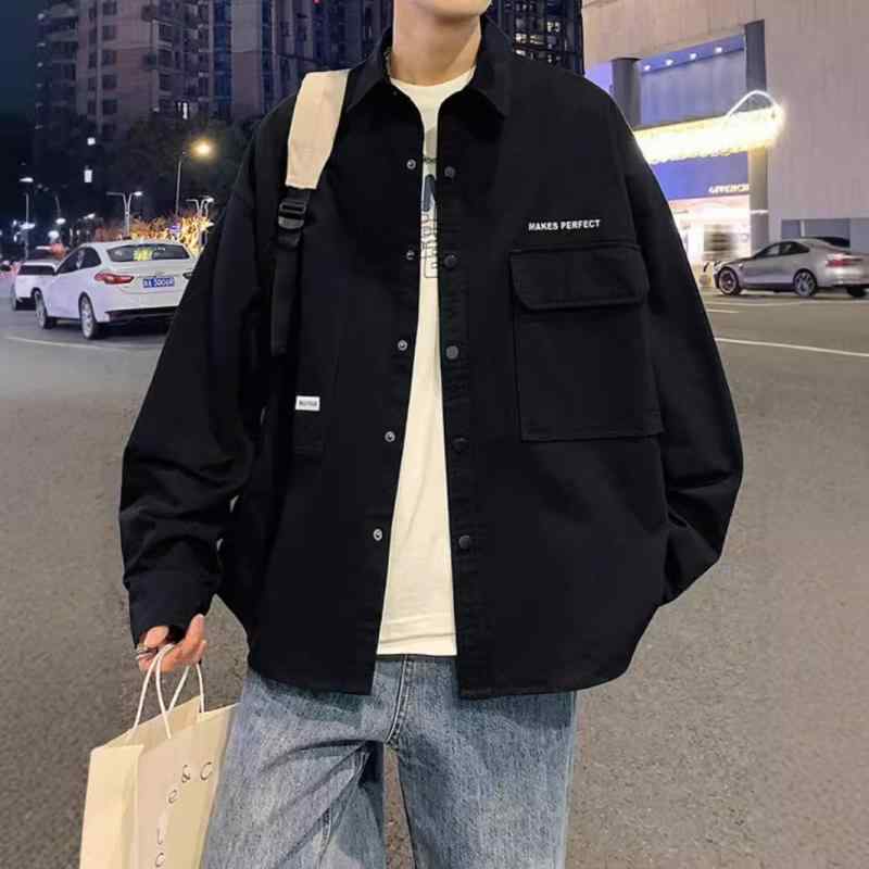 シャツ メンズ ジャケット 春秋 薄手 ワークスタイル 日常着 ポリエステル ブラック系