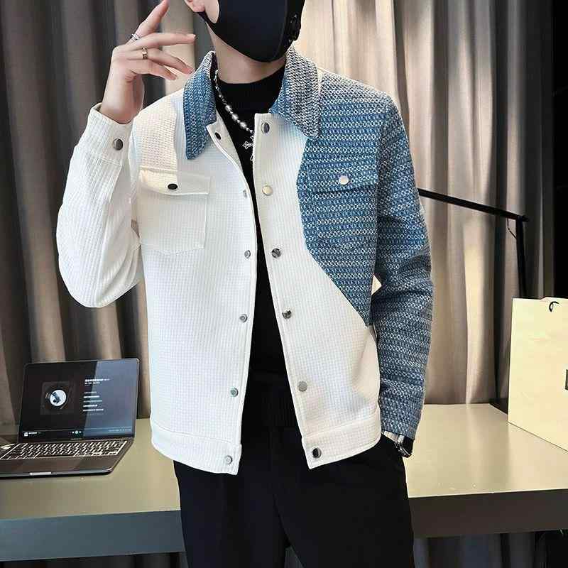 ジャケット メンズ 春秋 韓国 耐摩耗 翻領 配色 アウター ジャンパー ポリエステル 黒 白 M L XL XXL XXXL
