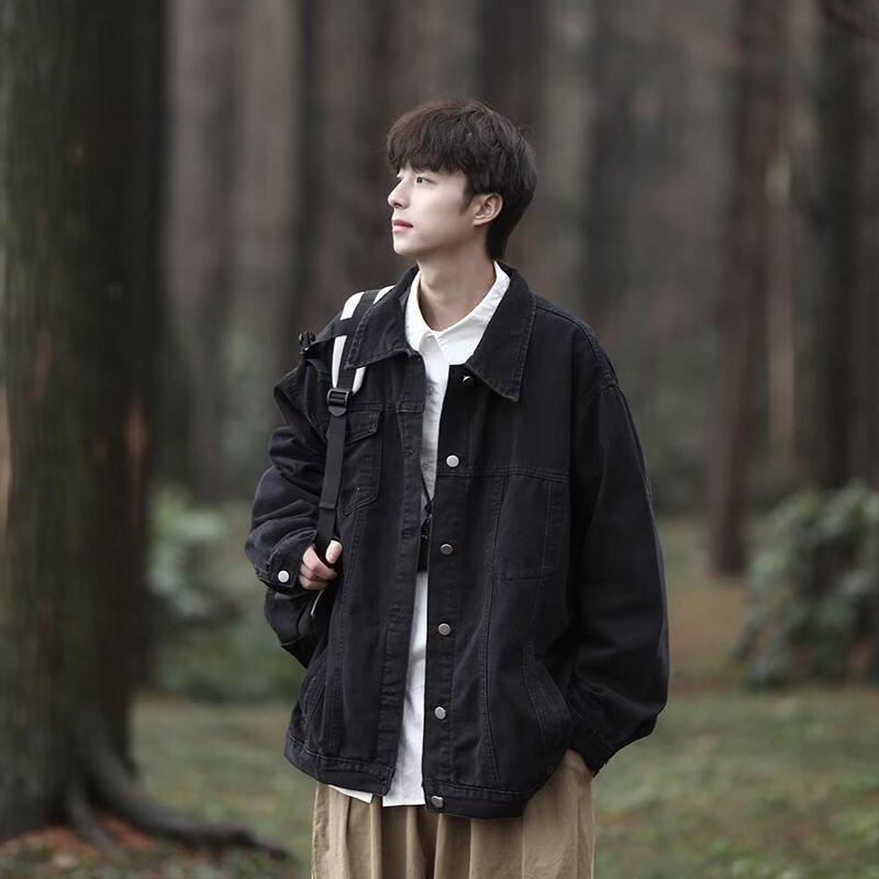 デニムジャケット メンズ Gジャン 男性用 春秋物 ブラック デニムアウター ゆったり ルーズフィット レトロ ストリート カジュアル(x2)