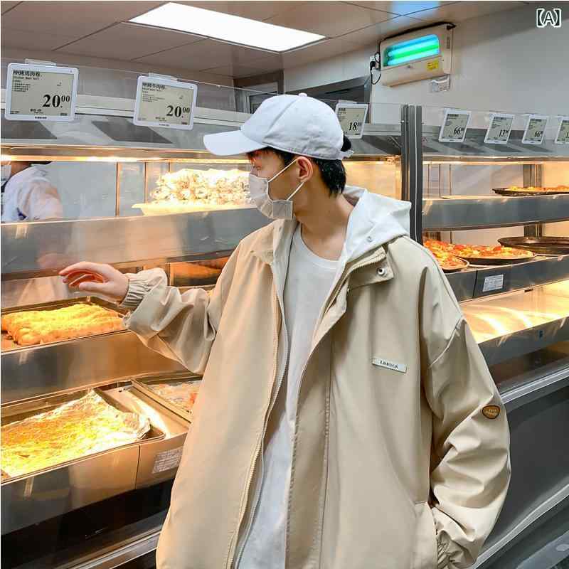 ジャケット メンズ 男性用 春秋 薄手 フード付き ジャンパー ブルゾン 大きいサイズ ゆったり 通気性 耐摩耗性 防風 ウェア トップス アウター カーキ ブラック ブルー グレー(x2) 2