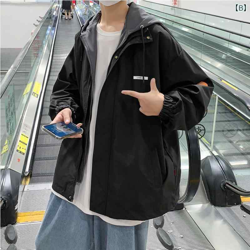 ジャケット メンズ 男性用 春秋 薄手 フード付き ジャンパー ブルゾン 大きいサイズ ゆったり 通気性 耐摩耗性 防風 ウェア トップス アウター カーキ ブラック ブルー グレー(x2) 3