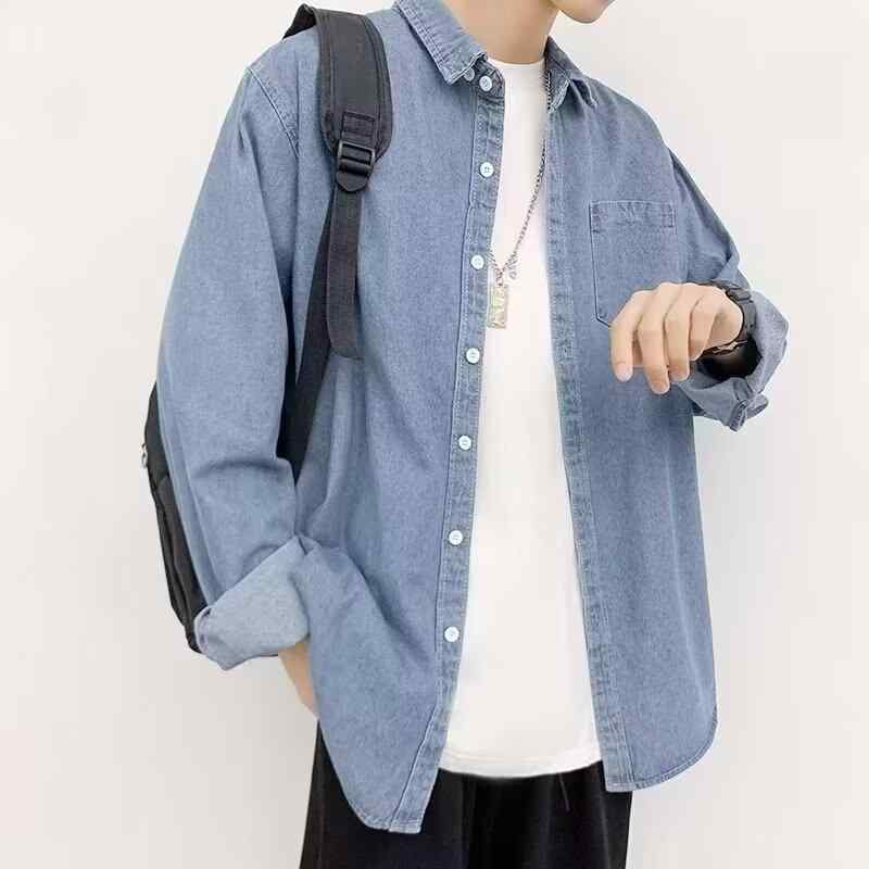 デニムジャケット メンズ Gジャン ブルゾン 春秋 ライトアウター ゆったり デニムシャツ ワークシャツ 長袖 コットン 浅青 ダークブルー