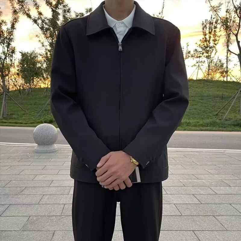 ジャケット 男性用 ブルゾン ゆったり 普段使い 襟付きトップス ポリエステル ブラック 無地 春秋 防風