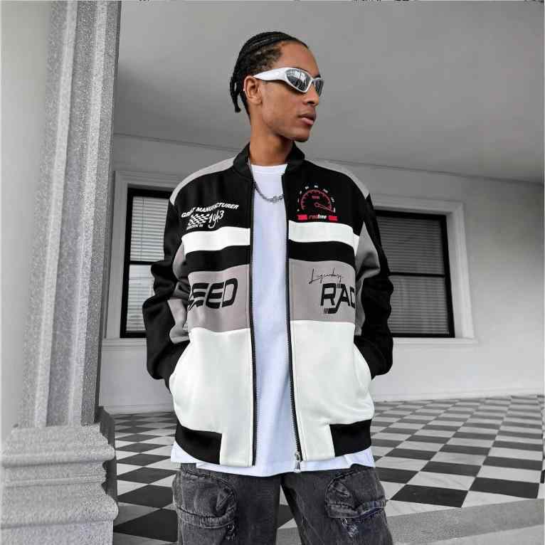 ジャケット メンズ 男性用 アウター 秋冬 防風 耐摩耗 レーシングスタイル 配色 スタンドカラー ブラック