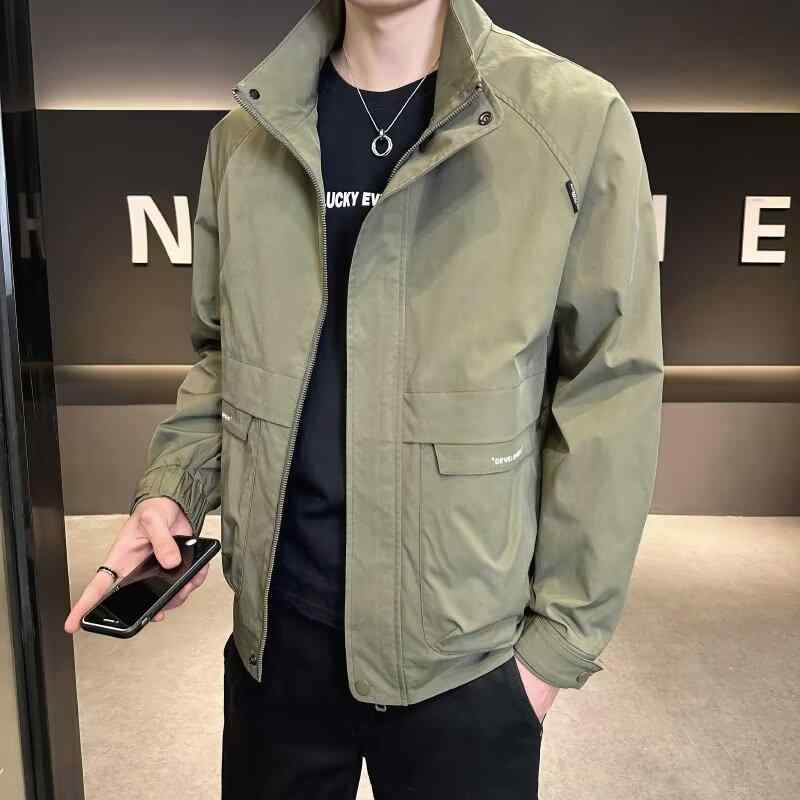 ジャケット メンズ アウター 立襟 ブルゾン 薄手 ジャンパー カジュアル 韓国 ポリエステル 耐摩耗 ブラック グリーン カーキ 春秋
