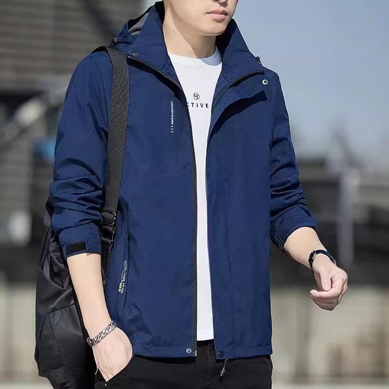 ジャケット メンズ 男性用 ブルゾン 春秋 韓国 ゆったり スタンドカラー カジュアル 無地 フード付き ポリエステル 黒 ブラック グレー グレー ブルー