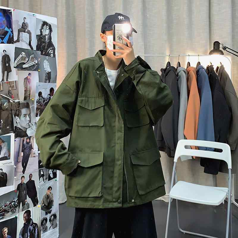 Rakuten - ジャケット 男性用 ブルゾン ミリタリー ワークジャケット 立ち襟 複数ポケット ゆったり ブラック カーキ 普段使い