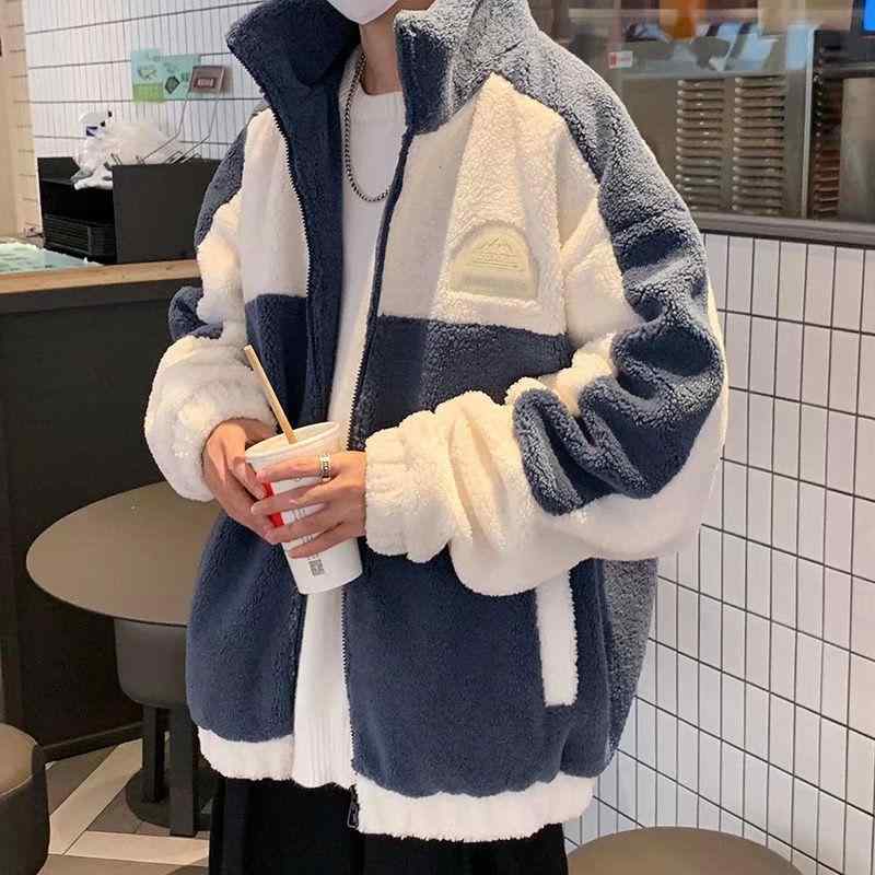 Outdoor Wear - ジャケット メンズ 男性用 ブルゾン 秋冬 立襟 ゆったり 厚手 コットン混紡 アメリカンカジュアル 配色 切替 バイカラー M L XL 2XL 3XL ブルー系 アイボリー