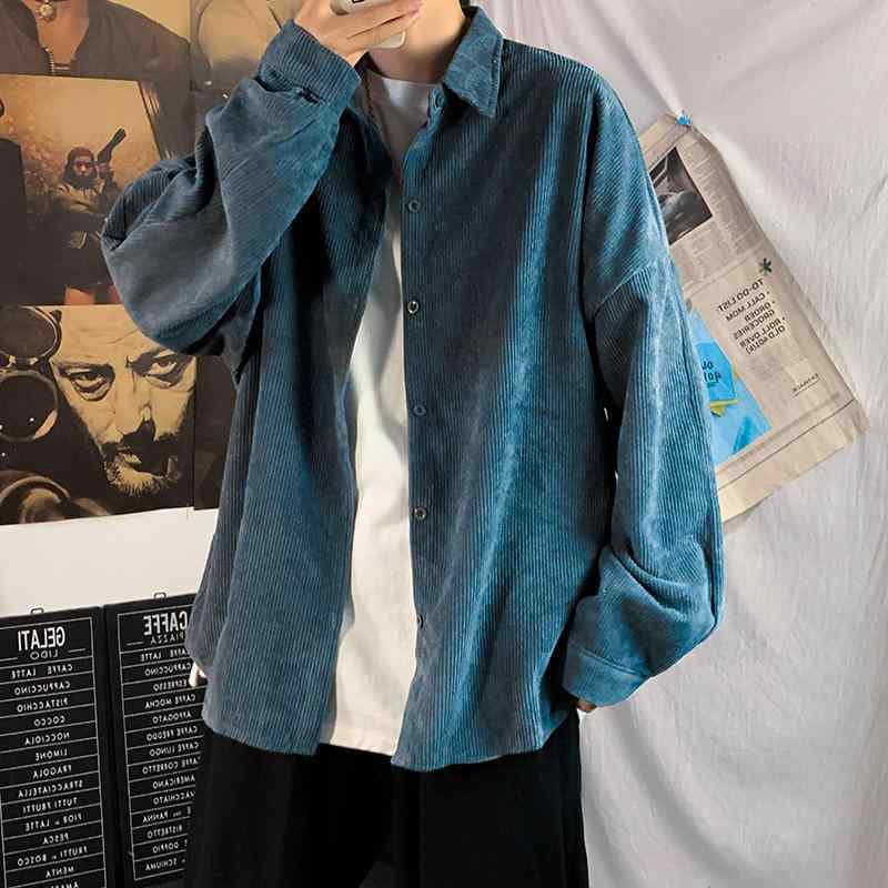 シャツ メンズ コーデュロイシャツ 韓国 ゆったり 長袖 カジュアル トップス グレー ブルー 無地 秋冬