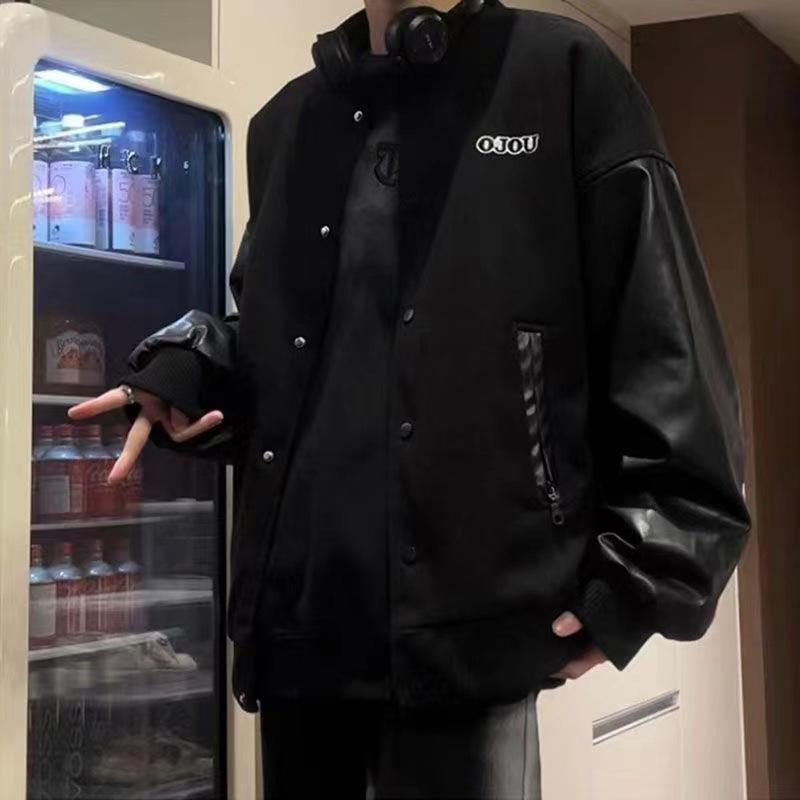 Wear - ジャケット 男性用 スタジアムジャンパー 野球服 アメリカンレトロ カジュアル 切り替え バイカラー ポリエステル 通気性 耐摩耗性 吸湿速乾 ブラック系
