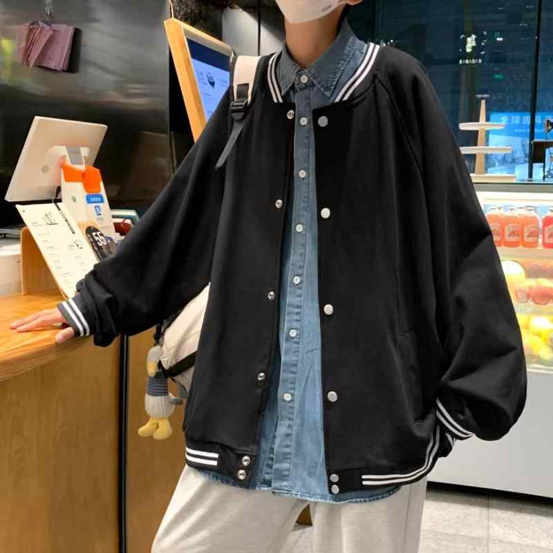 ジャケット メンズ 春秋 スポーティ ブルゾン 配色 コットン混紡 長袖 カジュアル ストリート サイドポケット ホワイト ブラック M L XL 2XL 3XL