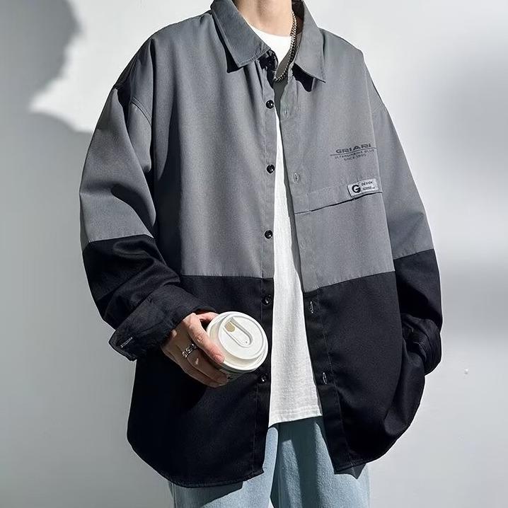 ジャケット 男性用 オーバーサイズ シャツ 配色 長袖 春物 アウター 港風 ポリエステル 羽織り