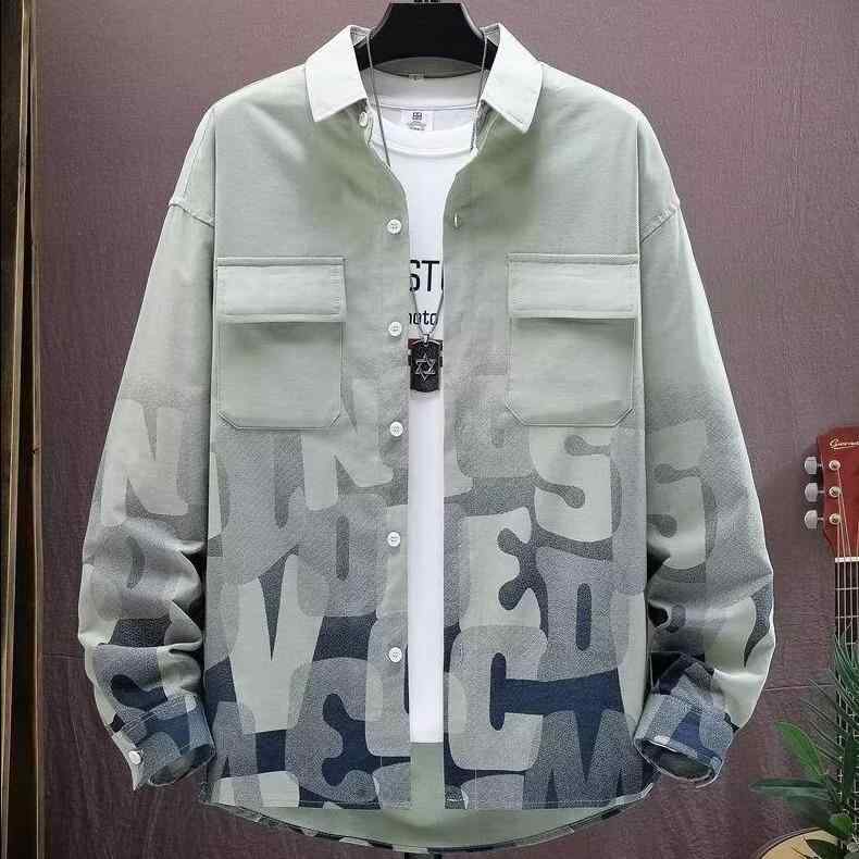 ジャケット メンズ グラデーション 長袖 シャツ ワーク スポーツ カジュアル ウェア トップス 杏色 グリーン 綿混紡 普段使い