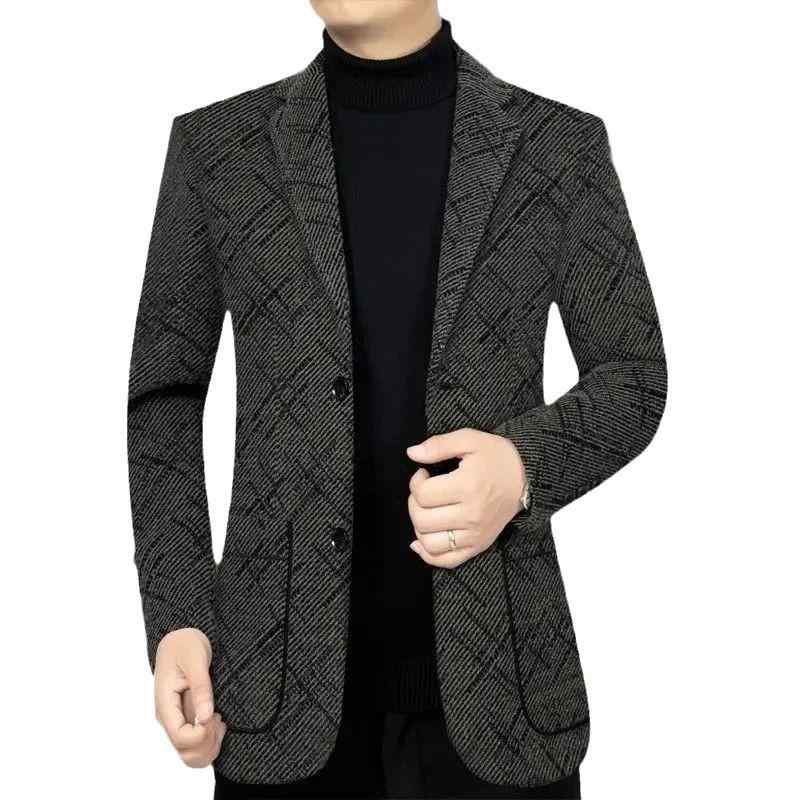 ジャケット 男性用 ウール 混紡 厚手 ブレザー 秋冬 カジュアル スーツ アウター 大きいサイズ カーキ ブラック(x2)