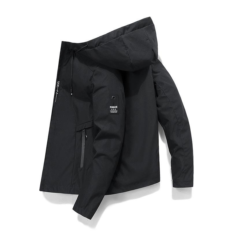 ジャケット 男性用 ブルゾン 春秋 薄手 無地 フード付き ポリエステル カジュアル スポーティー リブ 裾 M L XL 2L 3L 4L カーキ ブラック ブルー