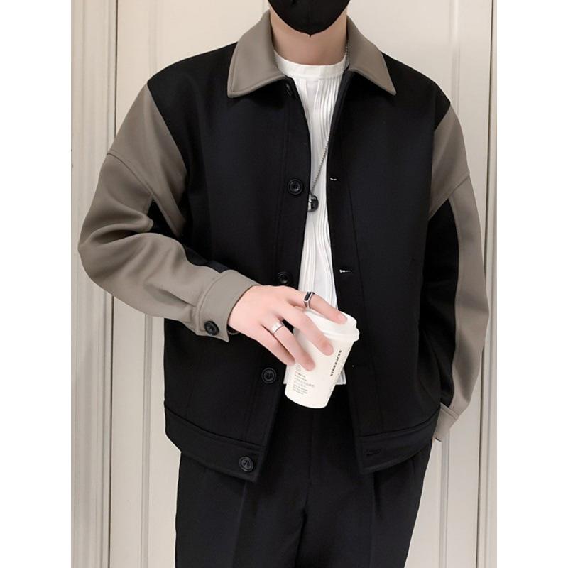ジャケット メンズ 男性用 アウター トップス 韓国 襟付き 配色 切り替え ポリエステル ゆったり ブラック 黒 ブラウン 茶色 ホワイト 白 グリーン 緑 ベージュ 大きいサイズ