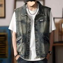 ベスト メンズ 男性用 デニム ワーク 春秋 古着風 ウォッシュ加工 ポケット付き ルーズ(4)