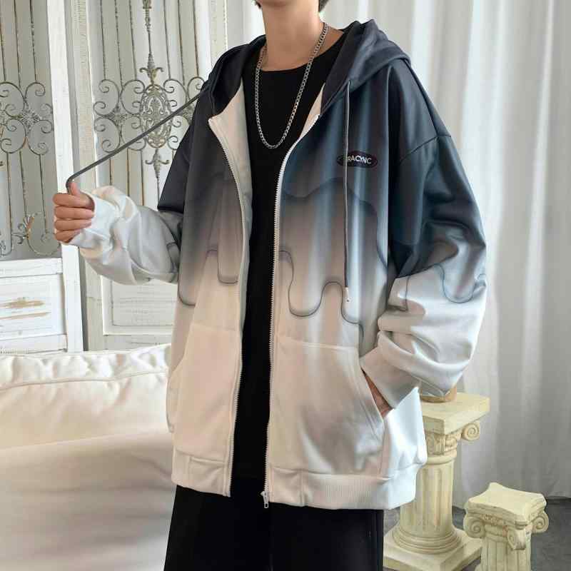 スタジアムジャンパー メンズ グラデーション ブルゾン 秋冬 韓国 ジップアップ スウェット パーカー 男性用 ライトアウター スポーティー カジュアル ピンク系 ブラック ブルー