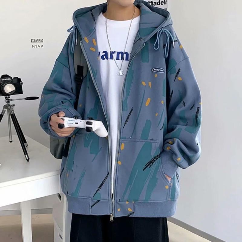 パーカー メンズ 韓国 花柄 カジュアル ジップアップ 秋冬 薄手 長袖 トップス 耐摩耗 ブルー