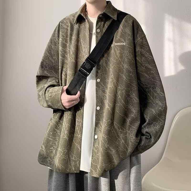 ジャケット メンズ 長袖 シャツ アメリカン カジュアル 綿 ポリエステル 秋物 黒 緑 花柄 羽織り