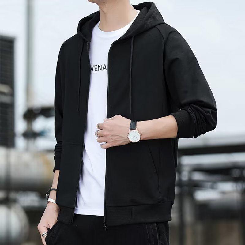 パーカー メンズ 春秋 無地 長袖 ジップアップ フード付き グレー 黒 M L XL 2XL 3XL 4XL 5XL 混紡 リブ裾 普段使い カジュアル スタイル