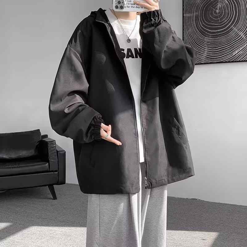 ジャケット メンズ 春秋 ブルゾン ゆったり フード付き 無地 黒 ブラック グレー 緑 グリーン 防水 撥水 アウター(x2)