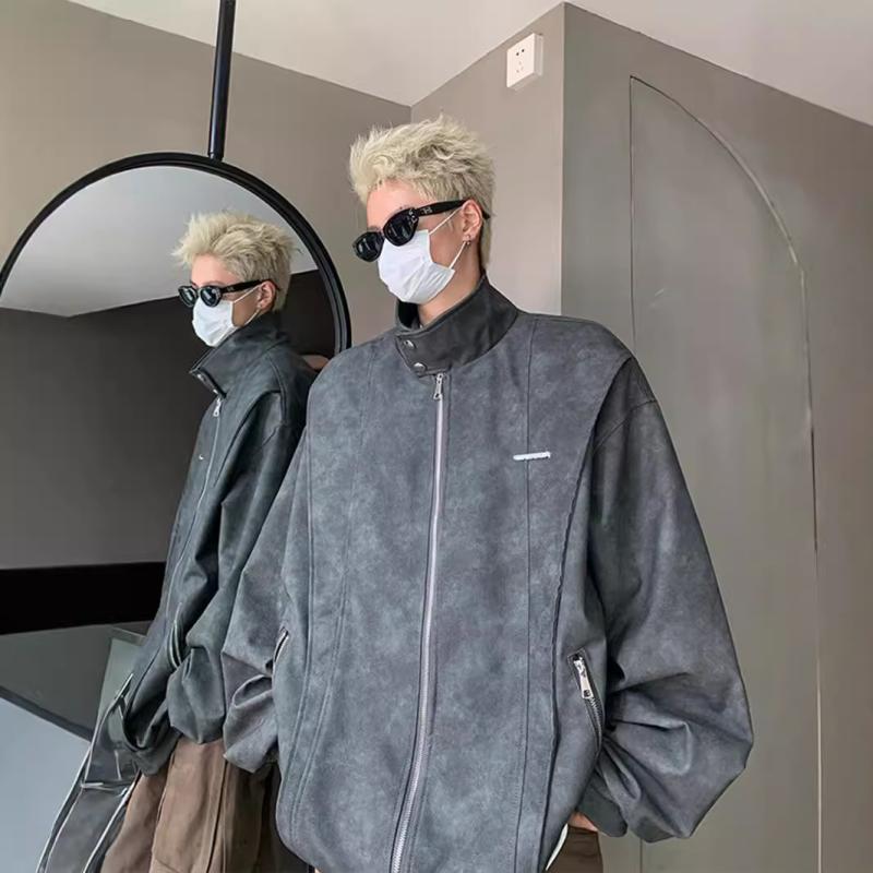 ジャケット メンズ ルーズ レトロ ストリート 長袖 スタンドカラー 襟付き 耐摩耗性 ポリエステル 黒 ブラック ピンク系 カジュアル スタイル