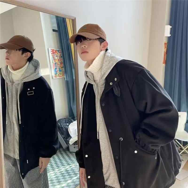 ジャケット メンズ 男性用 春秋冬 フード付き ウール アウター ブルゾン ジャンパー 10代 20代 ポリエステル 混紡 ゆったり 無地 長袖 カジュアル 韓国 ブルー ベージュ ブラック