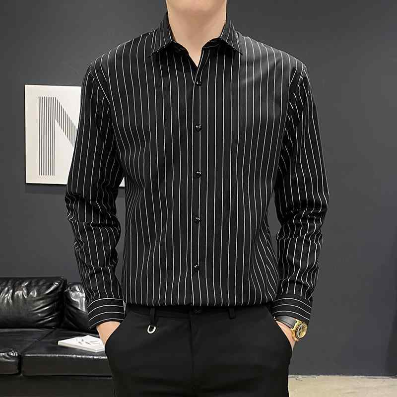 シャツ メンズ 男性用 トップス 長袖 韓国 ストライプ柄 ポリエステル 普段使い 体型カバー(x2)