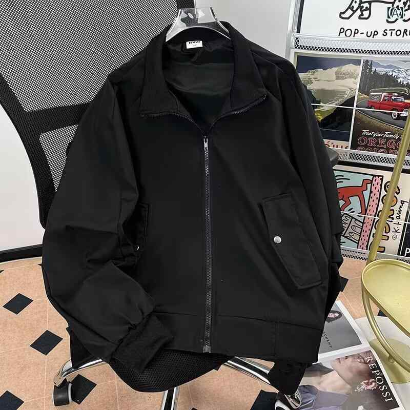 LINEAR shopのジャケット メンズ デニム ウォッシュ加工 長袖 ワークジャケット ブルゾン アウター 若者 襟付き 春秋 ストリート カジュアル ブラック 黒 グリーン 緑｜アングル2