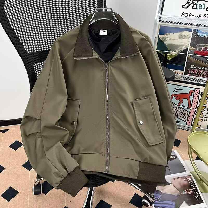 LINEAR shopのジャケット メンズ デニム ウォッシュ加工 長袖 ワークジャケット ブルゾン アウター 若者 襟付き 春秋 ストリート カジュアル ブラック 黒 グリーン 緑｜アングル3