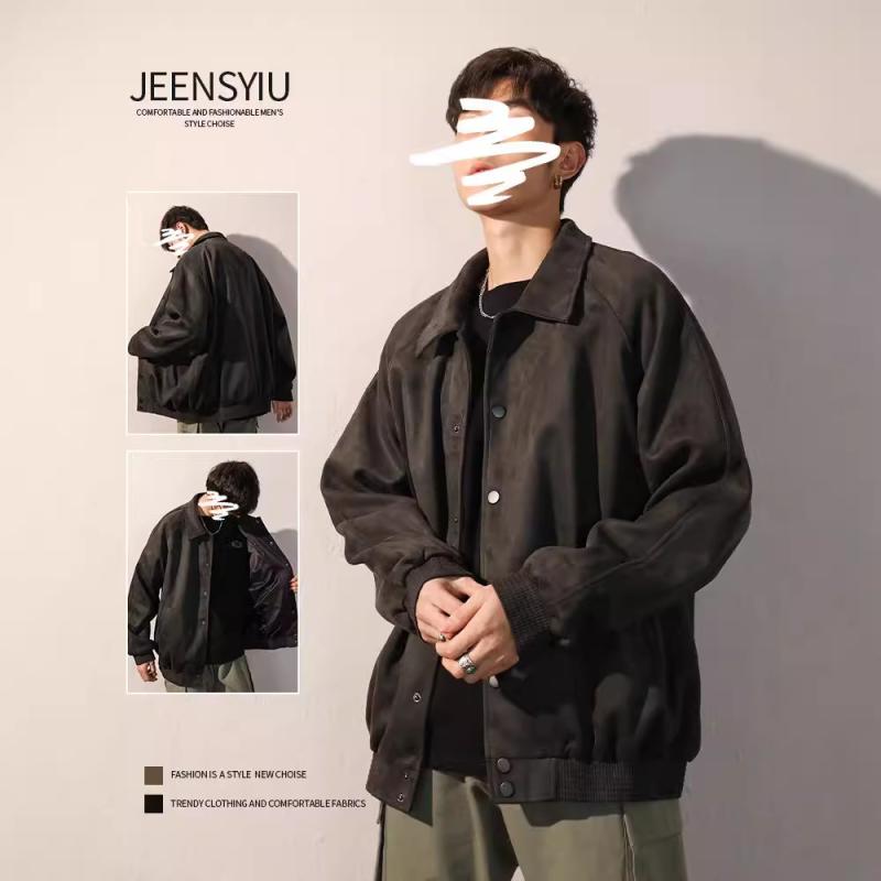 ジャケット 男性用 スエード ブルゾン 秋冬 レトロ カジュアル 野球服 アウター トップス 防汚 耐摩耗 長袖 普段使い 10代 20代 無地 ポリエステル ブラック系