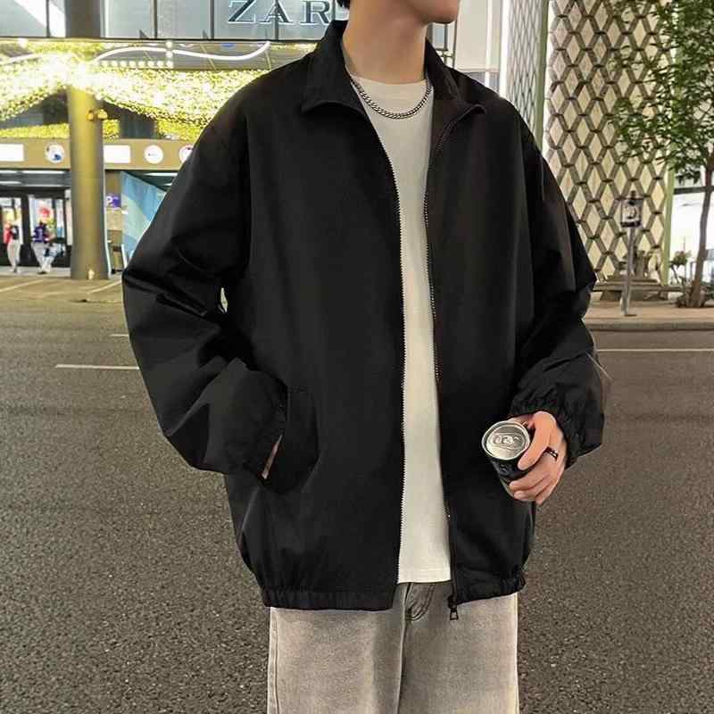 ジャケット メンズ 男性用 春秋 薄手 ポリエステル 無地 立襟 カジュアル スポーティー ブラック 黒