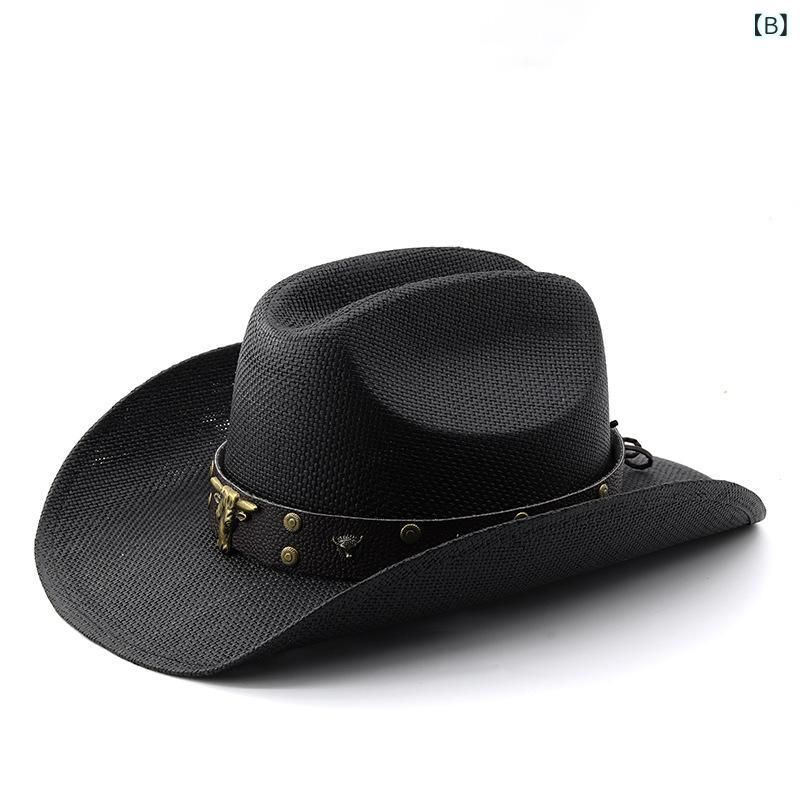 麦わら帽子 メンズ レディース 春夏 アウトドア 登山 観光 防UV 日焼け防止 遮光 テンガロンハット カウボーイハット ジャズハット ブラック 黒