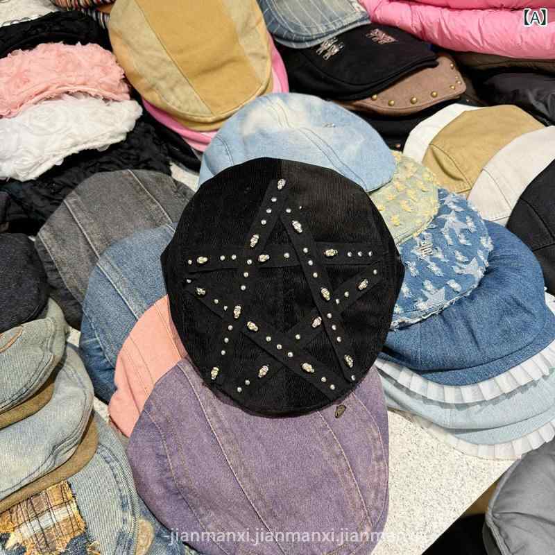 ベレー帽 レディース メンズ 五芒星 スタッズ付き パンク ストリート 小顔効果 調整可能 キャップ 帽子 秋冬 ブラック ダークブラウン(x2)