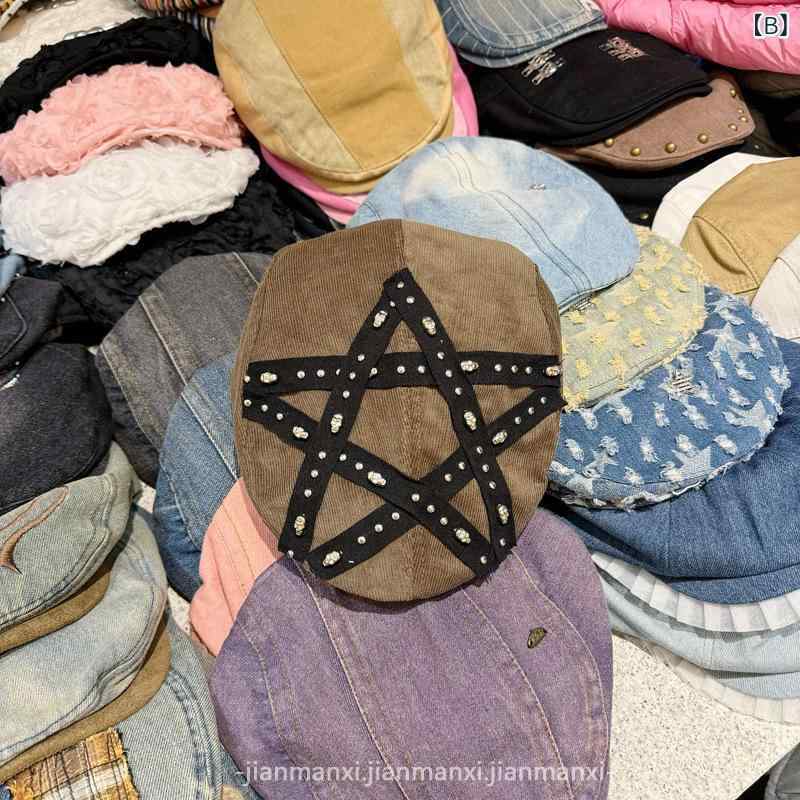 ベレー帽 レディース メンズ 五芒星 スタッズ付き パンク ストリート 小顔効果 調整可能 キャップ 帽子 秋冬 ブラック ダークブラウン(x2)